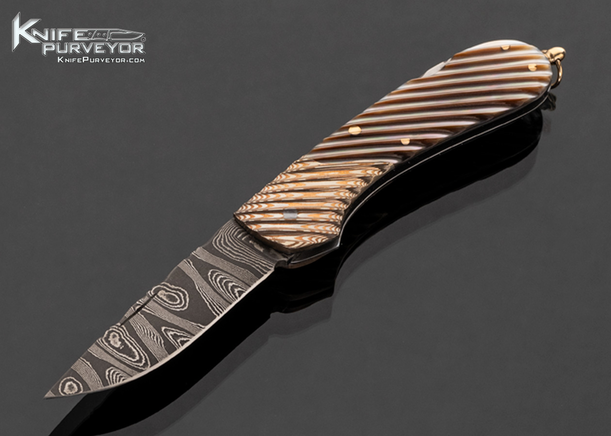Joe Kious Custom Knife Damascus with Fluted Mokume and Fluted Black Lip Tahitian Pearl and Gold Bail Lockback 17545