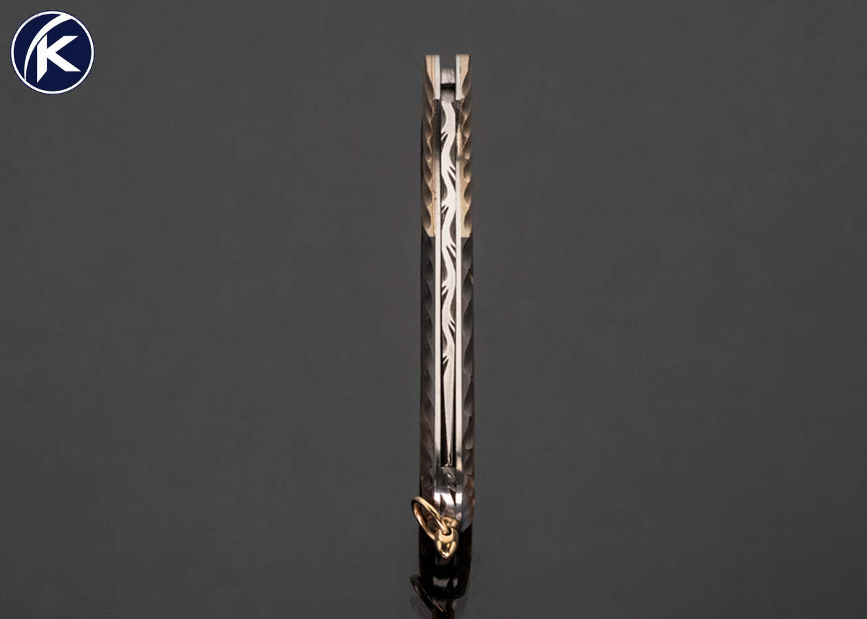 Joe Kious Custom Knife Damascus with Fluted Mokume and Fluted Black Lip Tahitian Pearl and Gold Bail Lockback 17545
