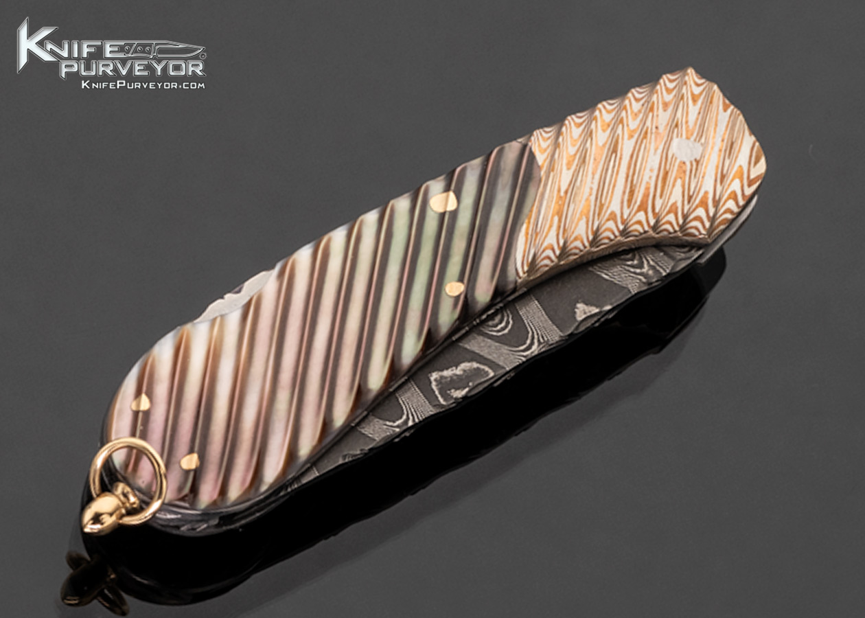 Joe Kious Custom Knife Damascus with Fluted Mokume and Fluted Black Lip Tahitian Pearl Lockback with 14Kt Gold Bail and Pins 17545 - Image 4