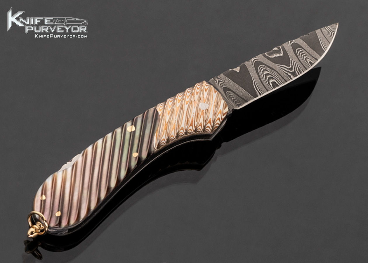 Joe Kious Custom Knife Damascus with Fluted Mokume and Fluted Black Lip Tahitian Pearl Lockback with 14Kt Gold Bail and Pins 17545 - Image 3