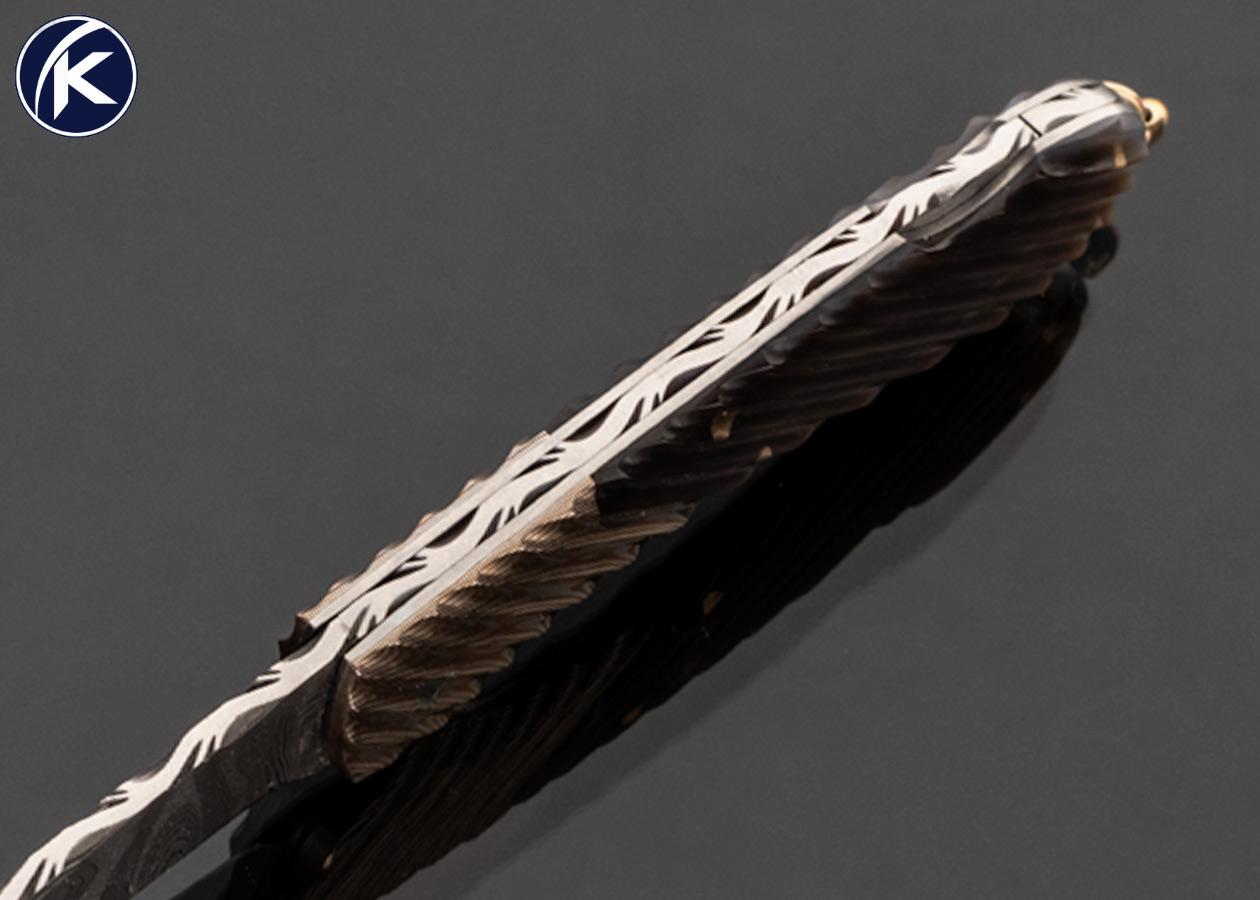 Joe Kious Custom Knife Damascus with Fluted Mokume and Fluted Black Lip Tahitian Pearl Lockback with 14Kt Gold Bail and Pins 17545 - Image 5
