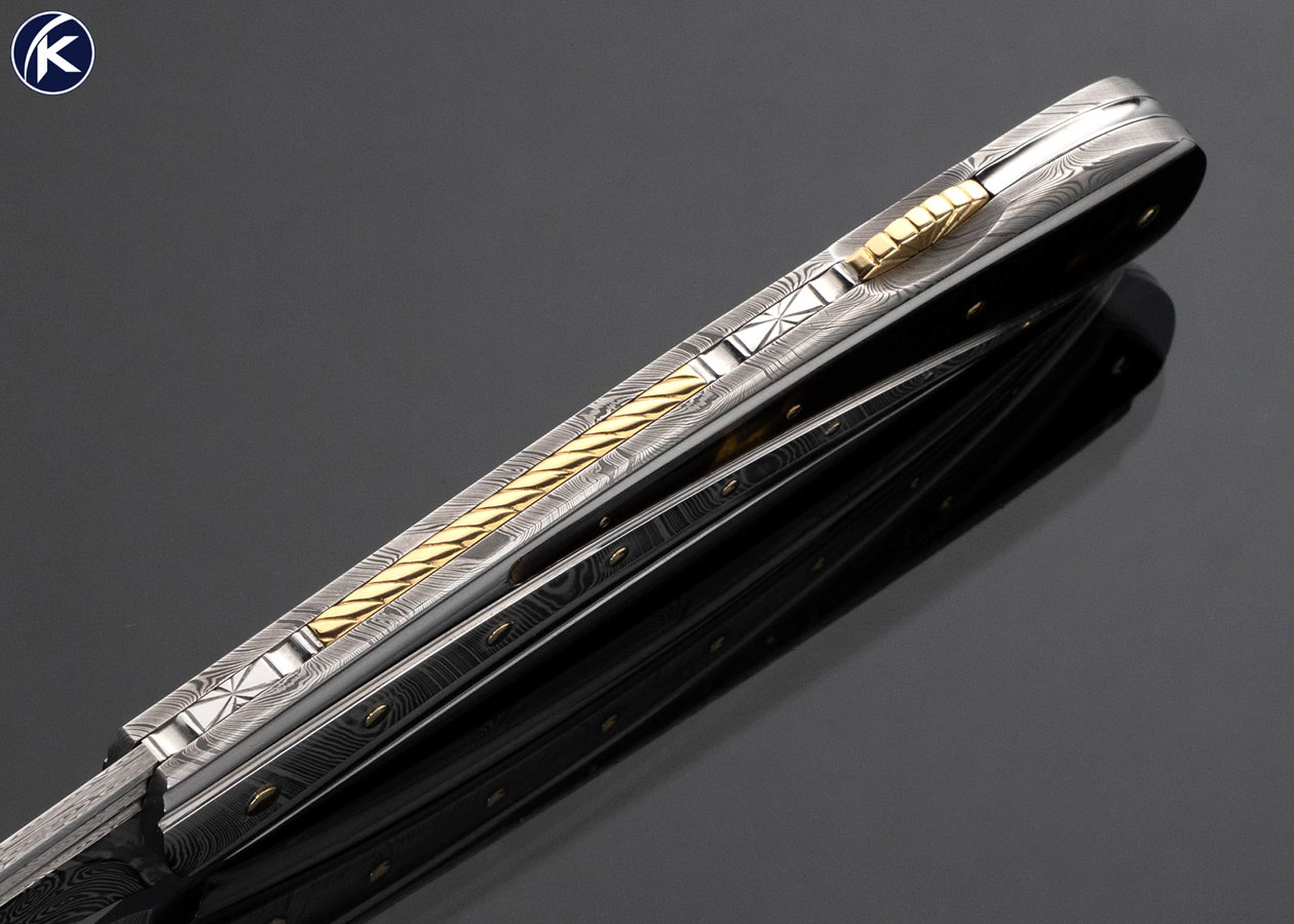 Ken Steigerwalt Fluted Damasteel and Amber with 18kt Gold Inlays Lockback