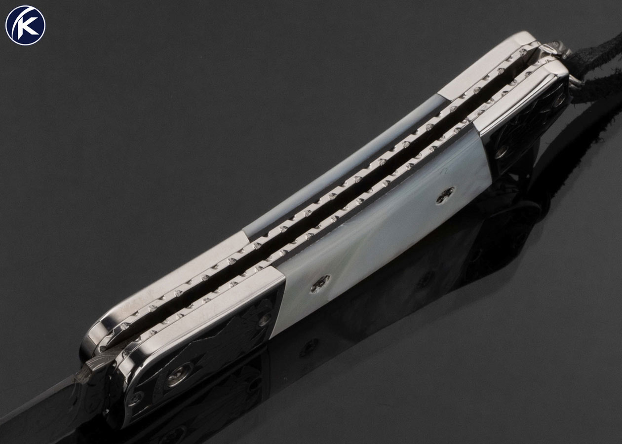 Mike Whiskers Allen Custom Knife "25th Anniversary" Engraved Bolsters and Mother of Pearl #1 of 25 Made in 2009 Scale Release
