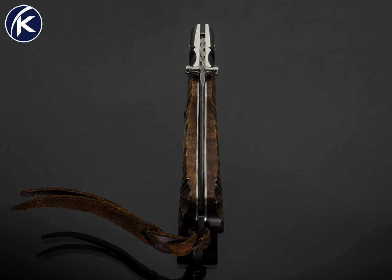 Mark Charles Sentz Custom Knife Damascus and Carved Striped Maple Wood with Fine Silver Wire Inlays and Mother of Pearl Escutcheon 17979