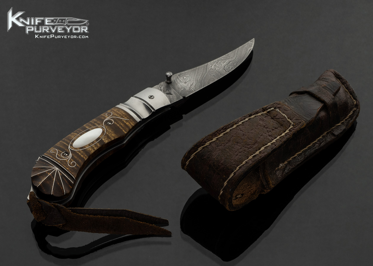 Mark Charles Sentz Custom Knife Damascus and Carved Striped Maple Wood with Fine Silver Wire Inlays and Mother of Pearl Escutcheon - Image 3