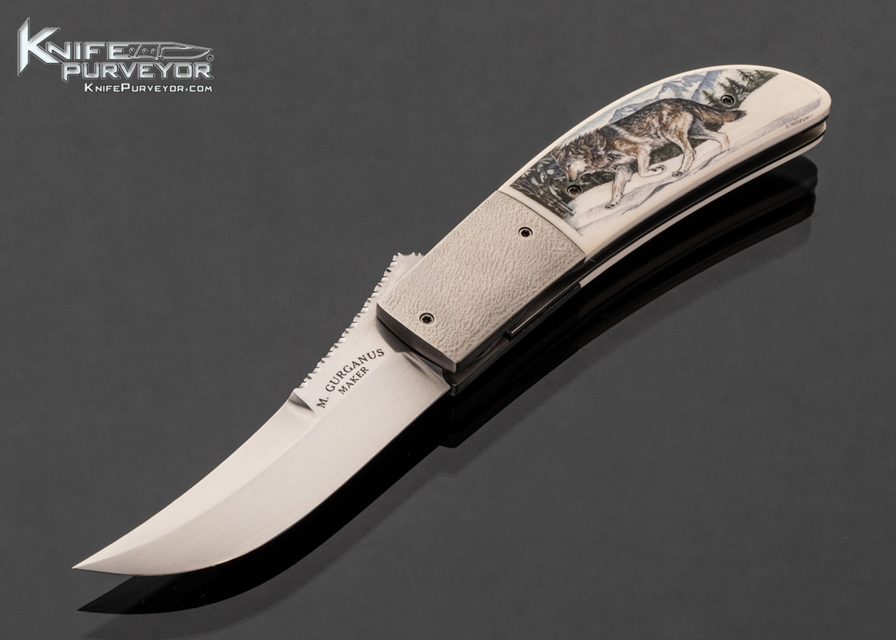 Melvin Gurganus Custom Knife Orange Peel Titanium Bolsters and Mammoth Scrimshawed by Karen Peterson Front Flipper Linerlock 17621