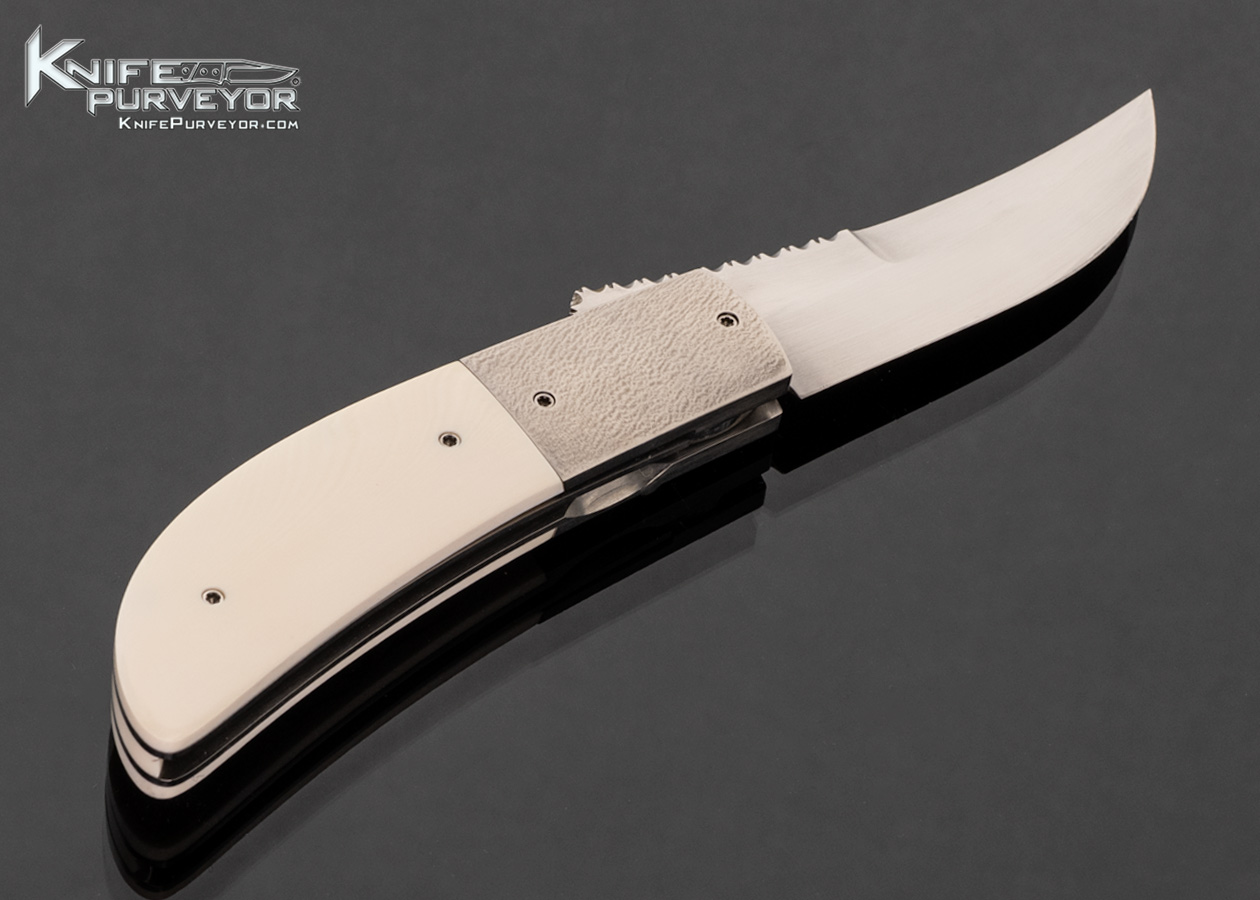 Melvin Gurganus Custom Knife Orange Peel Titanium Bolsters and Mammoth Scrimshawed by Karen Peterson Front Flipper Linerlock - Image 2