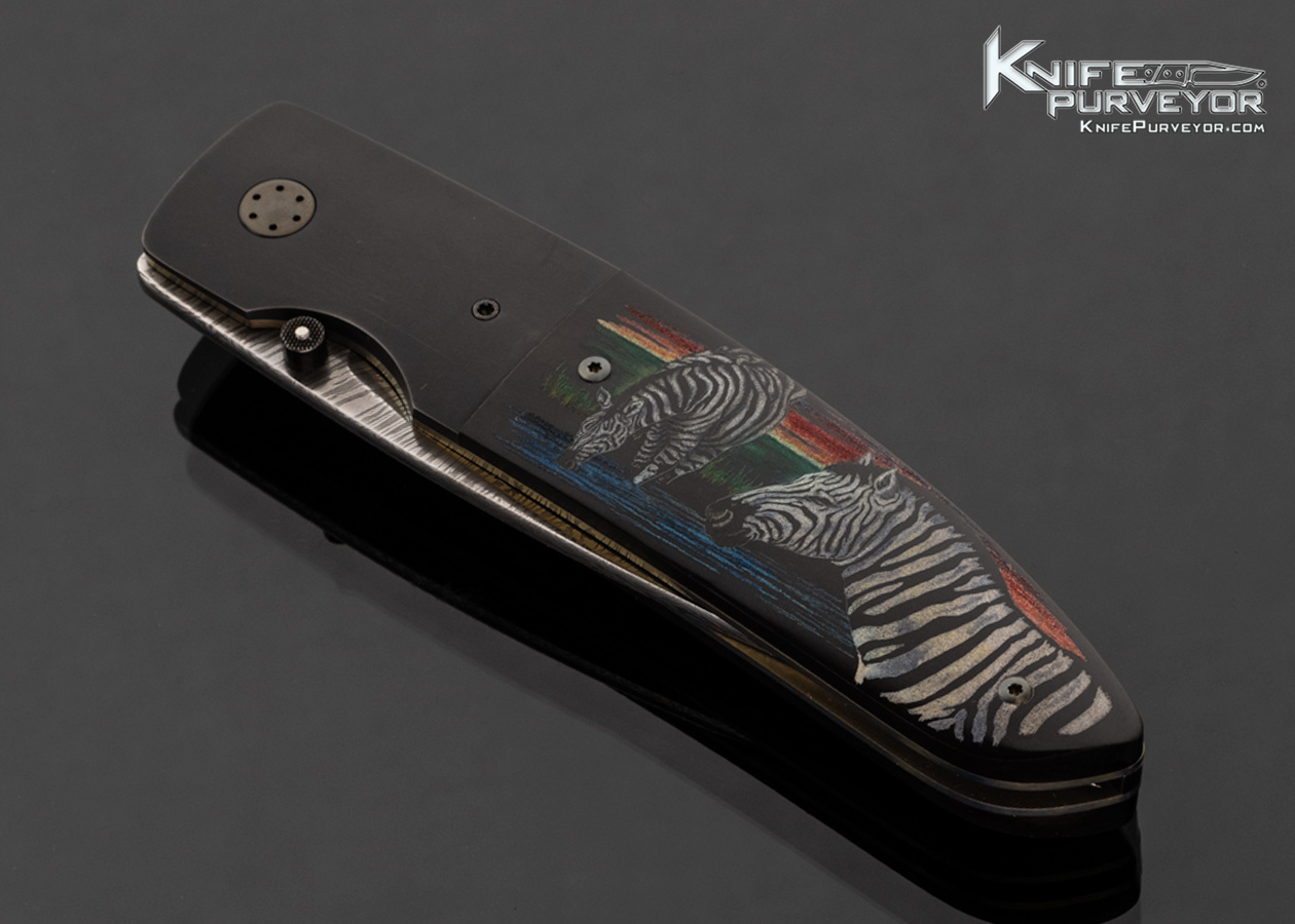 Owen Wood Custom Knife Damascus with Titanium Bolsters and Black Buffalo Horn "Savanna" Scrimshawed by Matt Stothart - Image 2