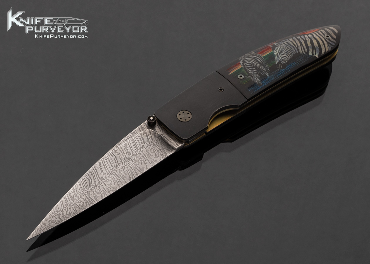 Owen Wood Custom Knife Damascus with Titanium Bolsters and Black Buffalo Horn "Savanna" Scrimshawed by Matt Stothart 17586