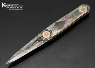 Owen Wood Custom Knife Sole Authorship Chevron Damascus and Black Lip Pearl Linerlock Dagger with 14Kt Gold Accents