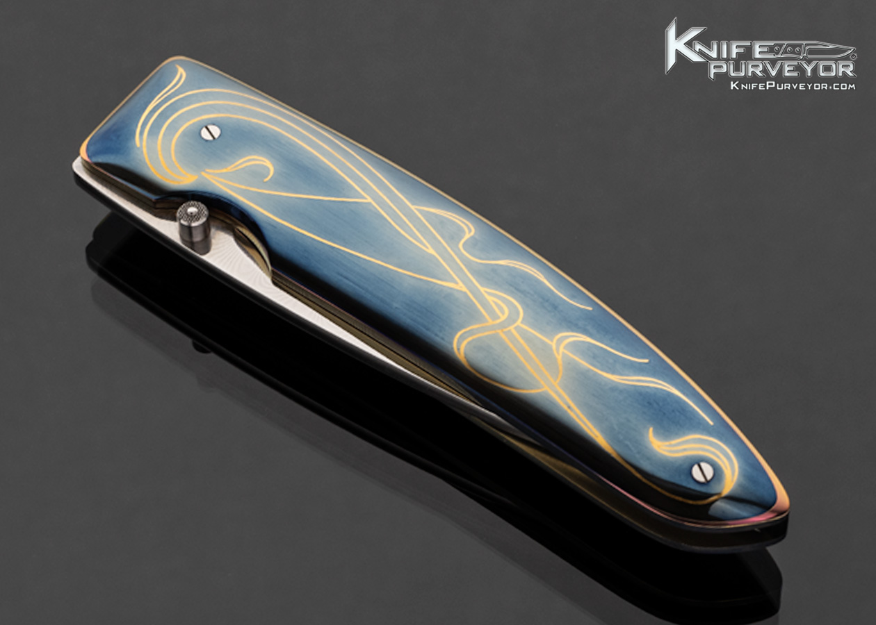 Owen Wood Custom Knife Sole Authorship Damascus and Blued 303 Stainless Steel Liner Lock Armin Winkler Engraved with 24kt Gold Inlays Flowing Pattern Linerlock - Image 2