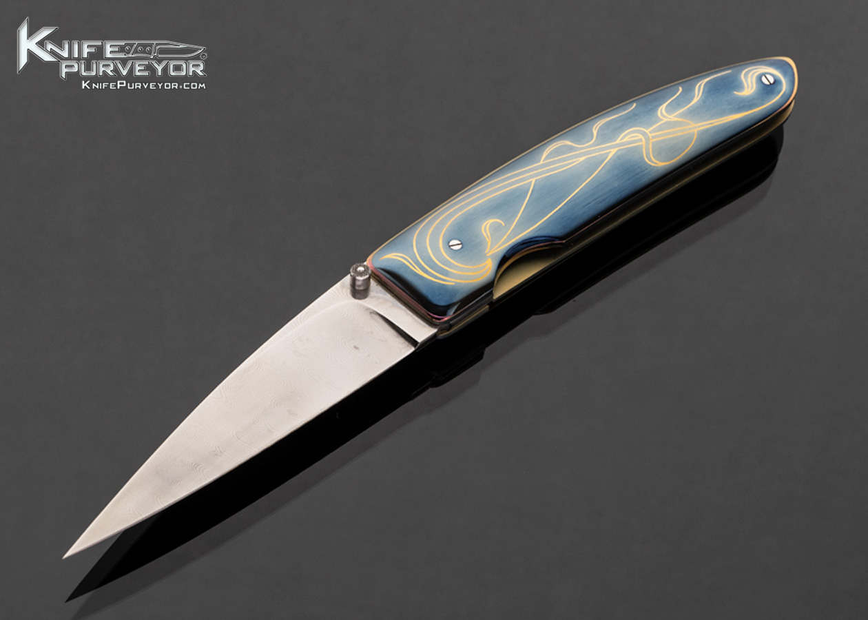 Owen Wood Custom Knife Sole Authorship Damascus and Blued Titanium with 24kt Gold Inlays 3200° Flowing Pattern Linerlock 17595