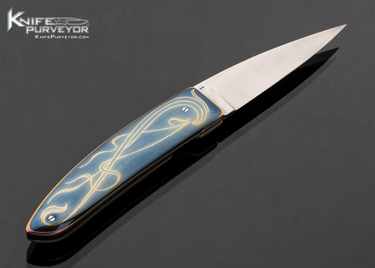 Owen Wood Custom Knife Sole Authorship Damascus and Blued 303 Stainless Steel Liner Lock Armin Winkler Engraved with 24kt Gold Inlays Flowing Pattern Linerlock - Image 3