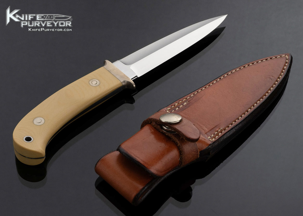 S.R. Johnson Custom Knife Vintage Micarta and Nickel Silver Bird's Beak Boot Knife with Leather Sheath