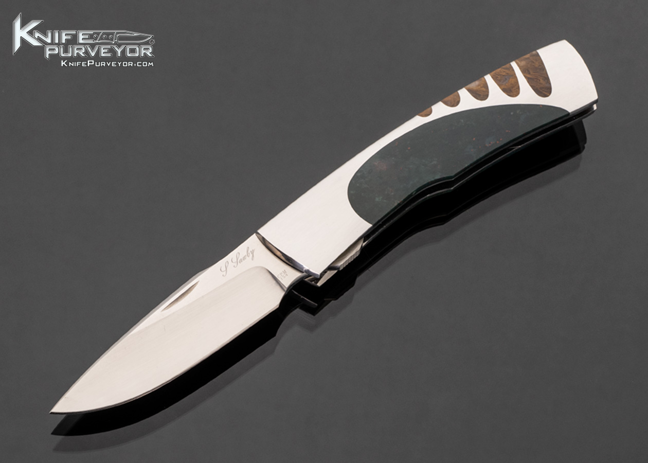 Scott Sawby Custom Knife Blood Stone and Gold Agate Self Lock "Killdeer" 17547