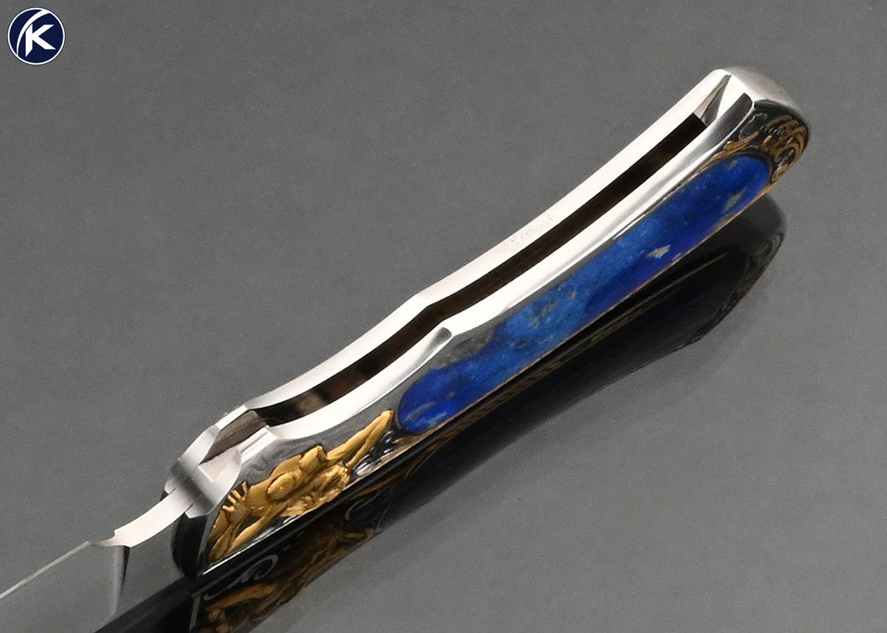 Scott Sawby Custom Knife Ron Skaggs 24Kt Gold Deep Relief Engraved Lapis Lazuli Interframe Button Lock