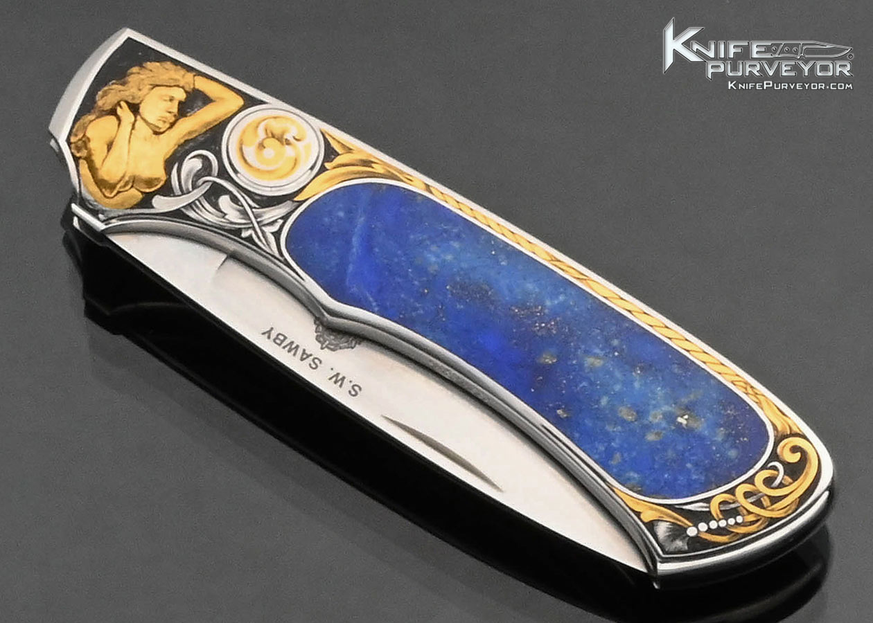 Scott Sawby Custom Knife Ron Skaggs 24Kt Gold Deep Relief Engraved Lapis Lazuli Interframe Button Lock
