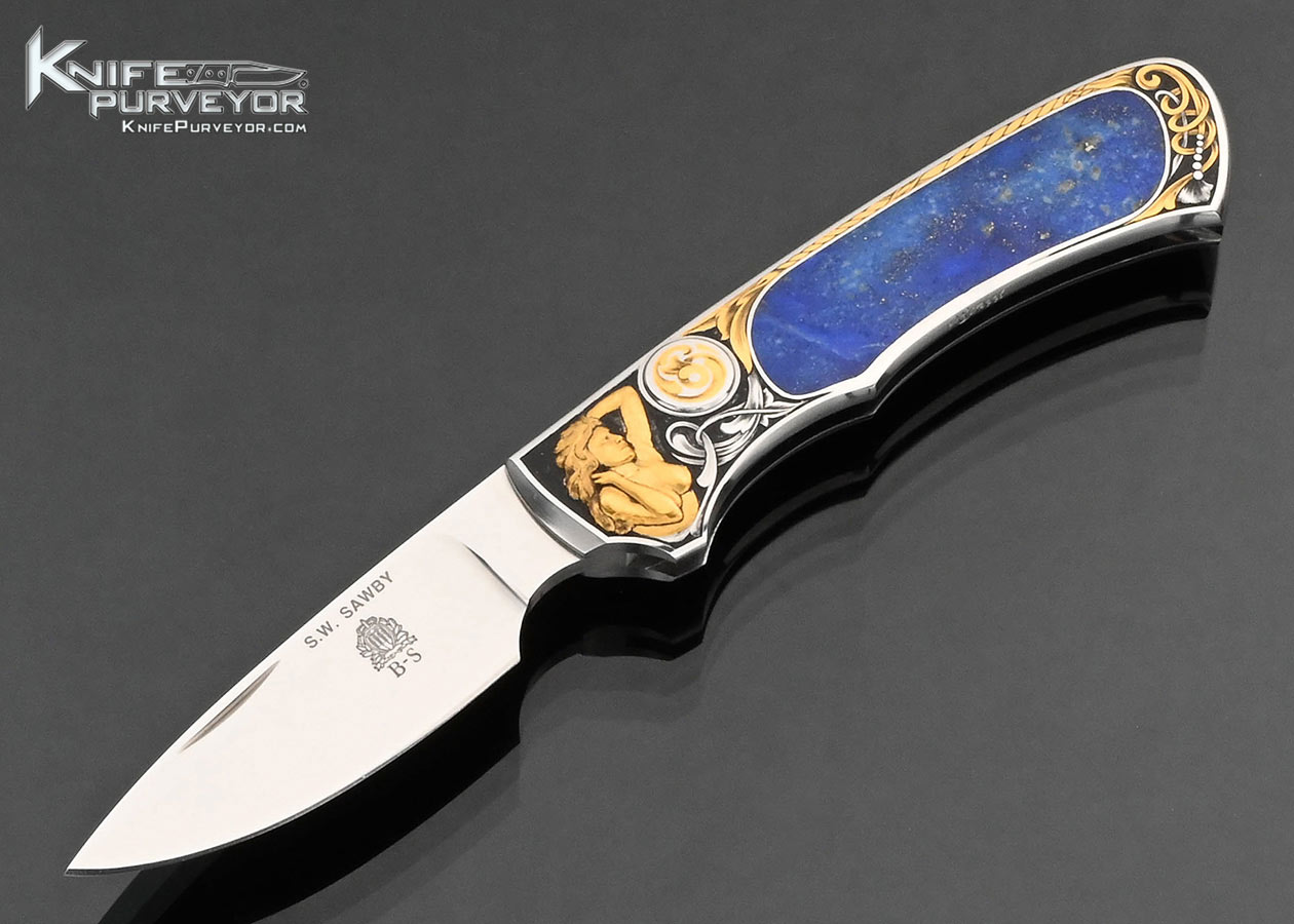 Scott Sawby Custom Knife Ron Skaggs 24Kt Gold Deep Relief Engraved Lapis Lazuli Interframe Button Lock
