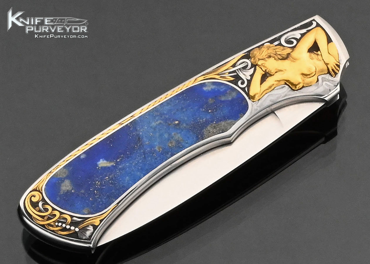 Scott Sawby Custom Knife Ron Skaggs 24Kt Gold Deep Relief Engraved Lapis Lazuli Interframe Button Lock