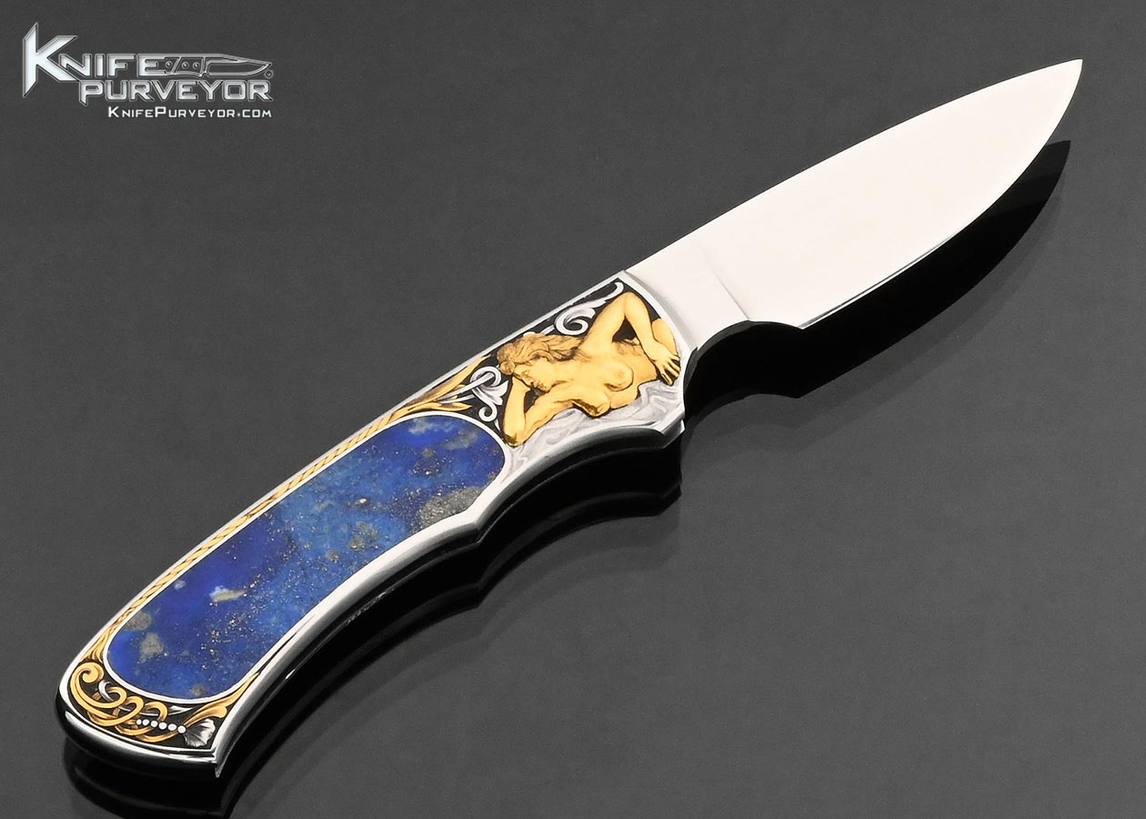 Scott Sawby Custom Knife Ron Skaggs 24Kt Gold Deep Relief Engraved Lapis Lazuli Interframe Button Lock