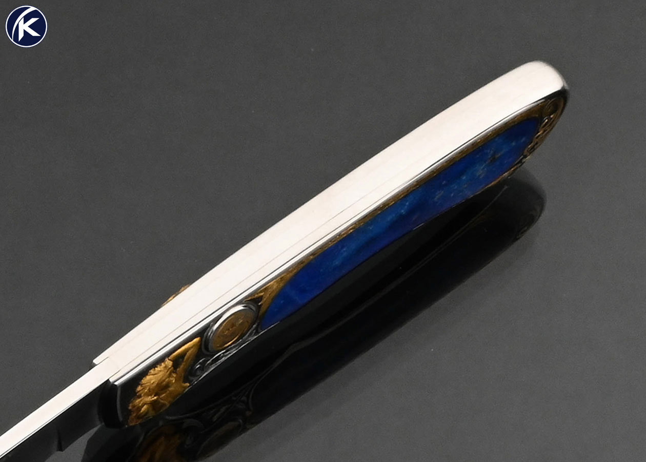 Scott Sawby Custom Knife Ron Skaggs 24Kt Gold Deep Relief Engraved Lapis Lazuli Interframe Button Lock