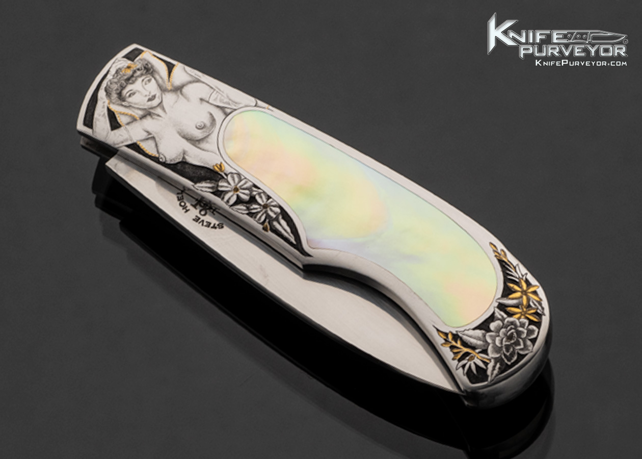 Steve Hoel Custom Knife "2 Vargas Nudes" Gold Lip Pearl Engraved with 24 Kt Gold Inlays by Tim and Christy George - Image 2
