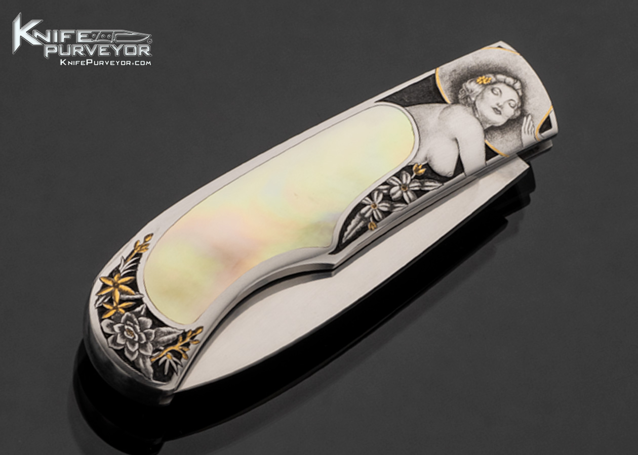 Steve Hoel Custom Knife "2 Vargas Nudes" Gold Lip Pearl Engraved with 24 Kt Gold Inlays by Tim and Christy George - Image 4