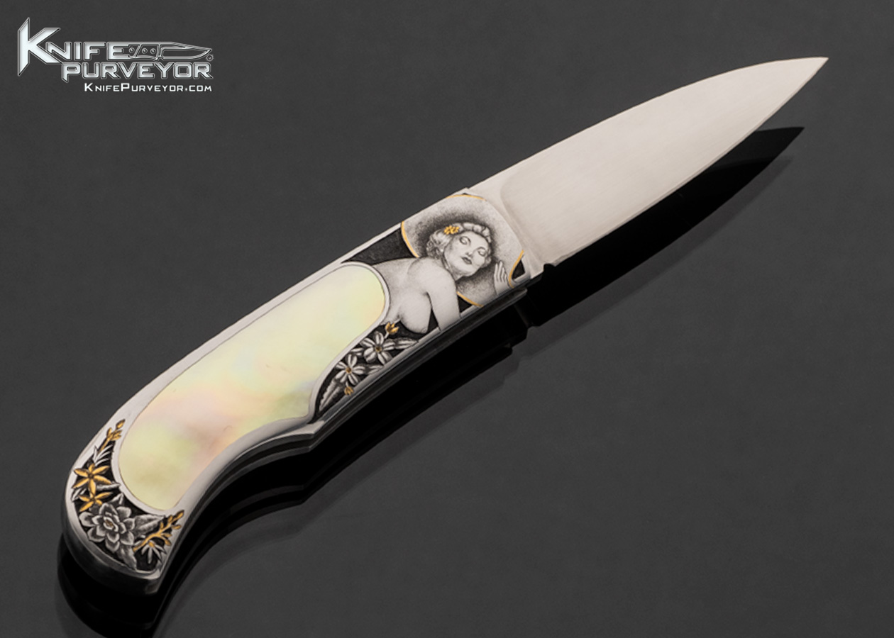 Steve Hoel Custom Knife "2 Vargas Nudes" Gold Lip Pearl Engraved with 24 Kt Gold Inlays by Tim and Christy George - Image 3