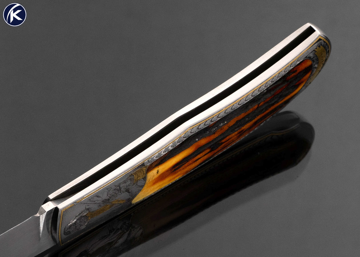Steve Hoel Custom Knife Amber Stag Lockback Engraved by Ray Cover Jr.