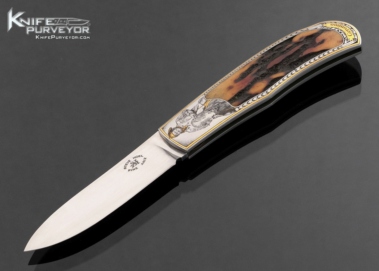 Steve Hoel Custom Knife Amber Stag Lockback Engraved by Ray Cover Jr.