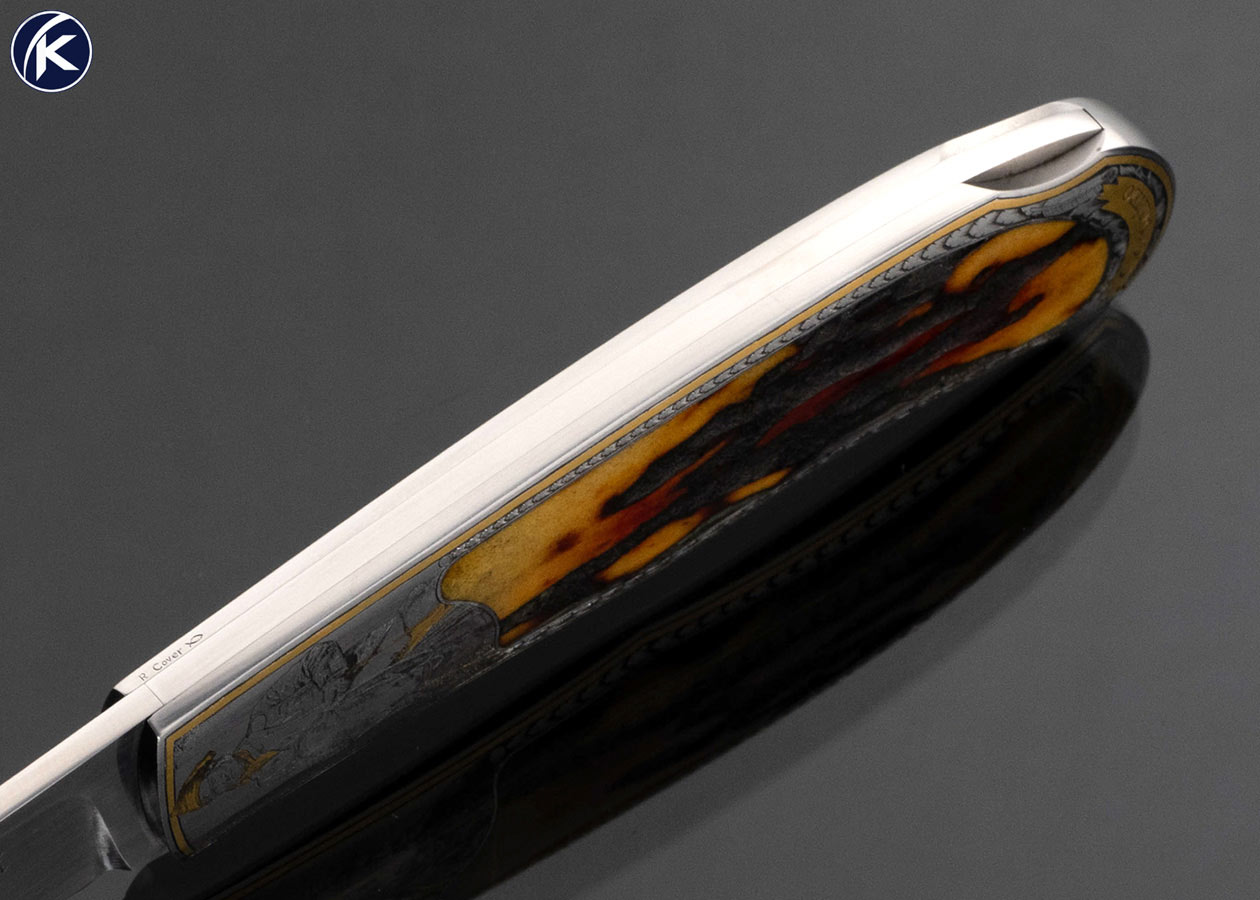 Steve Hoel Custom Knife Amber Stag Lockback Engraved by Ray Cover Jr.
