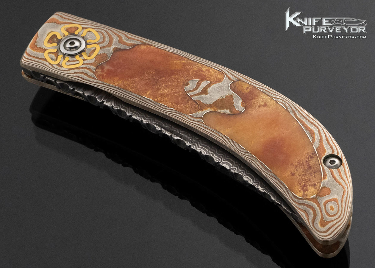 Steve Jernigan Custom Knife Damascus with Mokume and 24Kt Gold Inlays with Painted Agate Rock Interframe Linerlock EE44