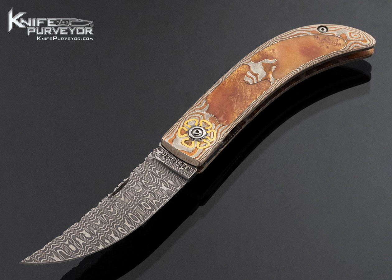 Steve Jernigan Custom Knife Damascus with Mokume and 24Kt Gold Inlays with Painted Agate Rock Interframe Linerlock EE44