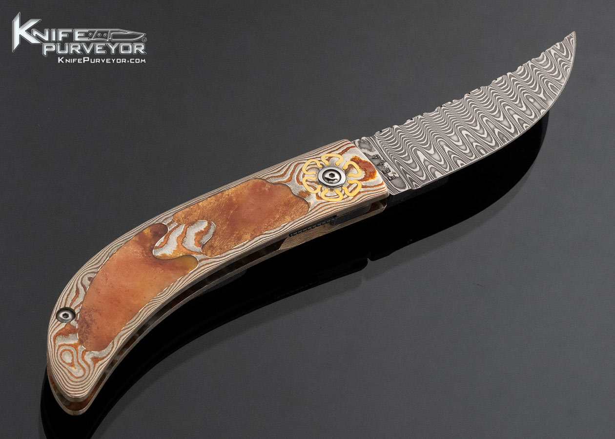 Steve Jernigan Custom Knife Damascus with Mokume and 24Kt Gold Inlays with Painted Agate Rock Interframe Linerlock EE44
