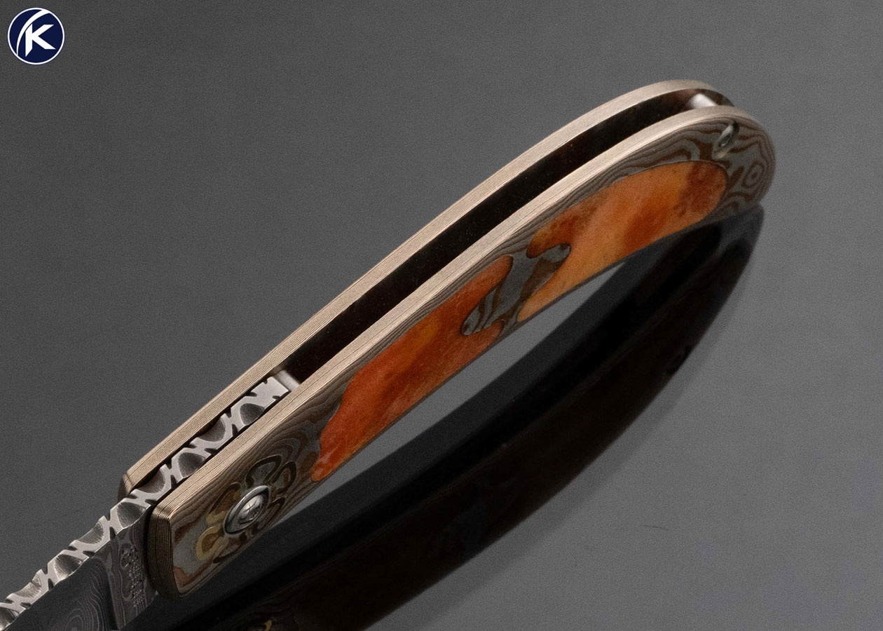 Steve Jernigan Custom Knife Damascus with Mokume and 24Kt Gold Inlays with Painted Agate Rock Interframe Linerlock EE44