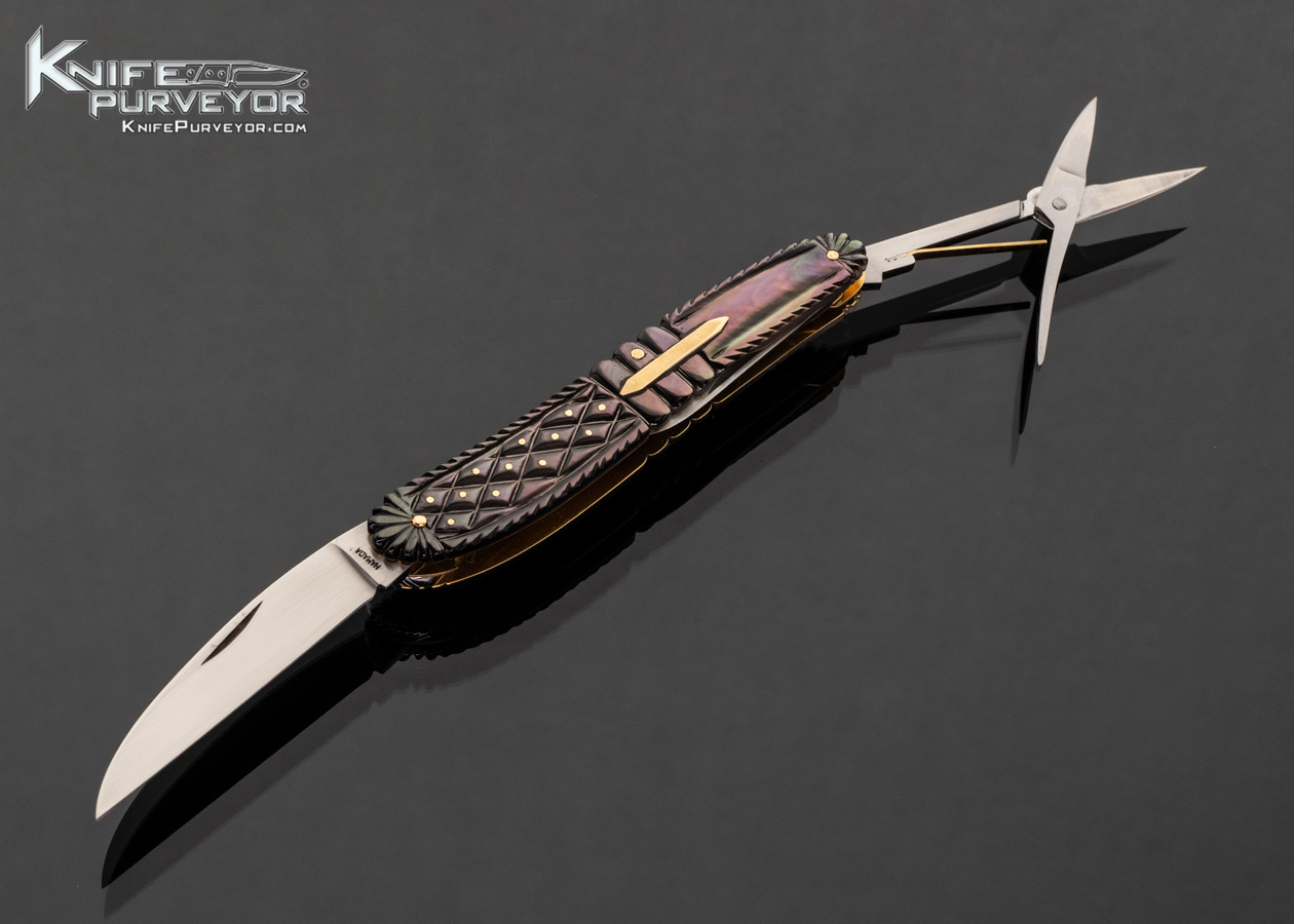 Tomohari Hamada Custom Knife Sole Authorship Fully Carved Black Lip Pearl with Gold Pins 17615