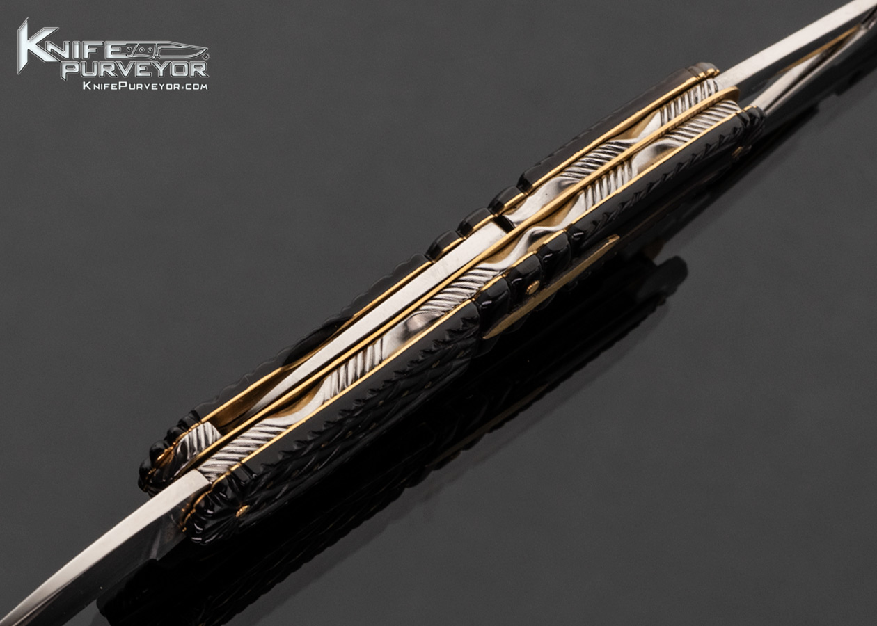 Tomohari Hamada Custom Knife 14Kt Gold Frame Fully Carved Black Lip Pearl Slipjoint with Scissors and 14Kt Gold Pins - Image 3