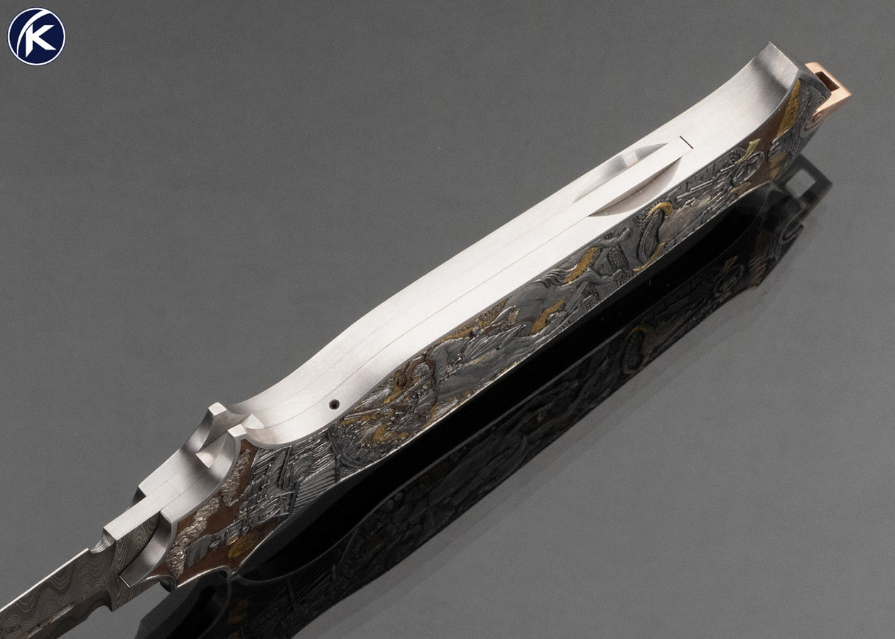 Warren Osborne Custom Knife Mike Norris Damascus Sculpted 24Kt Gold 18Kt Green Gold Silver Copper Automatic Lockback Engraved by Aleksey Saburov