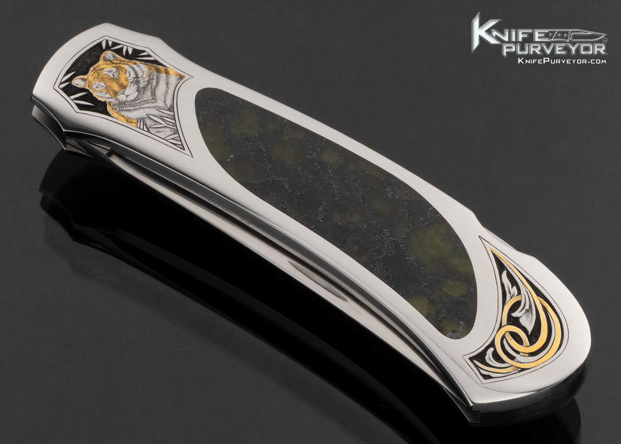 Warren Osborne Custom Knife Tigers Engraved with Gold Inlays by Tim and Christy George and Serpentine Stone Interframe #007