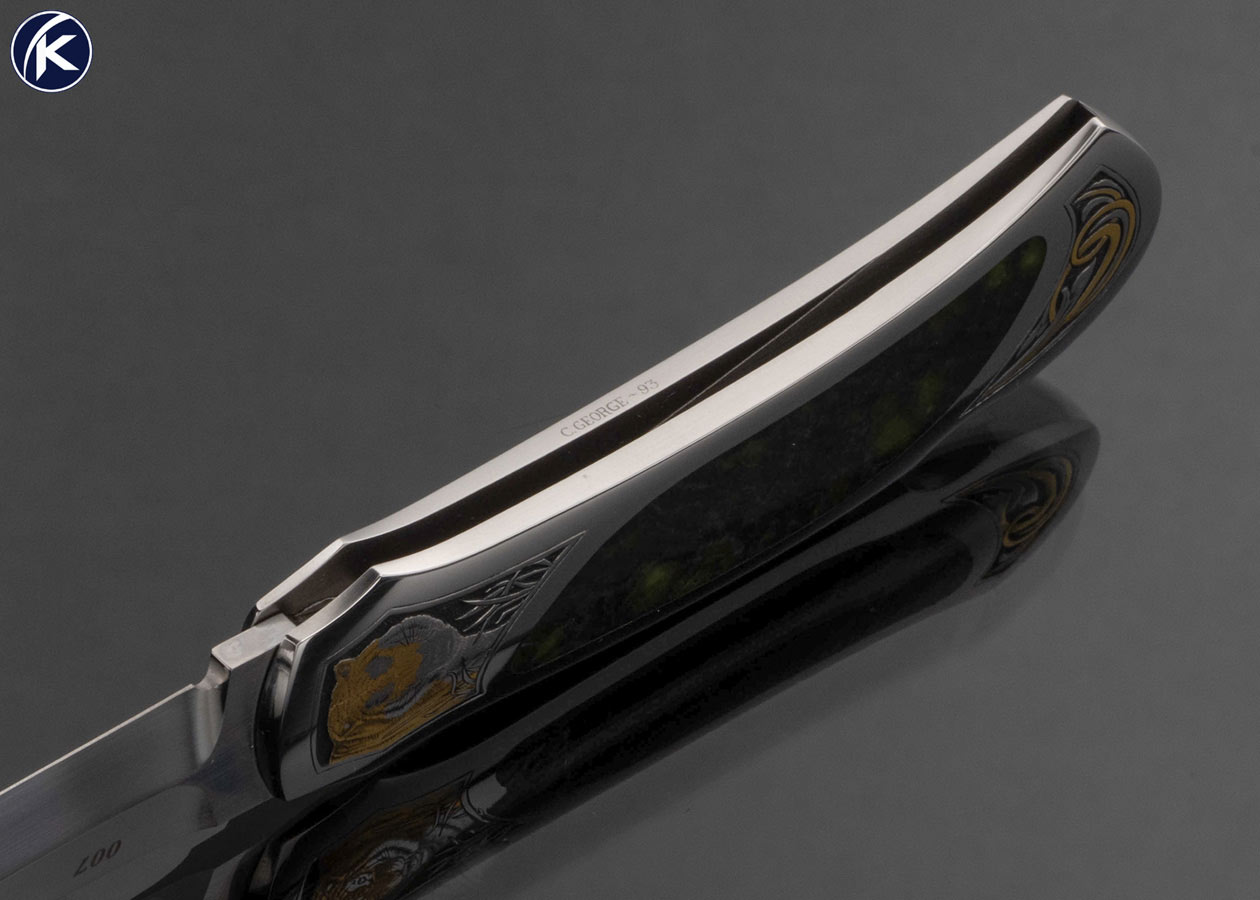 Warren Osborne Custom Knife Tigers Engraved with Gold Inlays by Tim and Christy George and Serpentine Stone Interframe #007
