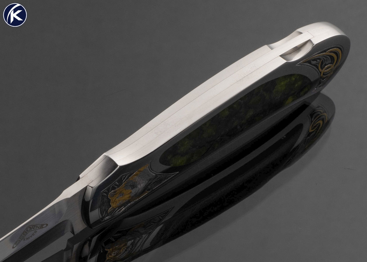 Warren Osborne Custom Knife Tigers Engraved with Gold Inlays by Tim and Christy George and Serpentine Stone Interframe #007