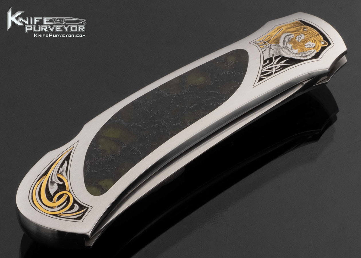 Warren Osborne Custom Knife Tigers Engraved with Gold Inlays by Tim and Christy George and Serpentine Stone Interframe #007