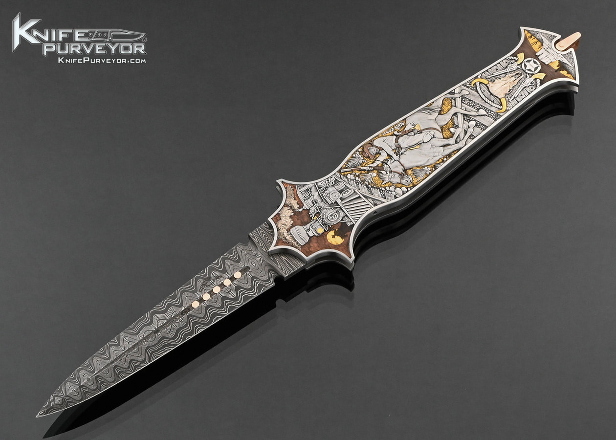 Steven Hill Custom Knife Damascus with Blue Damascus Double Bolstered Fluted Mammoth Automatic Linerlock