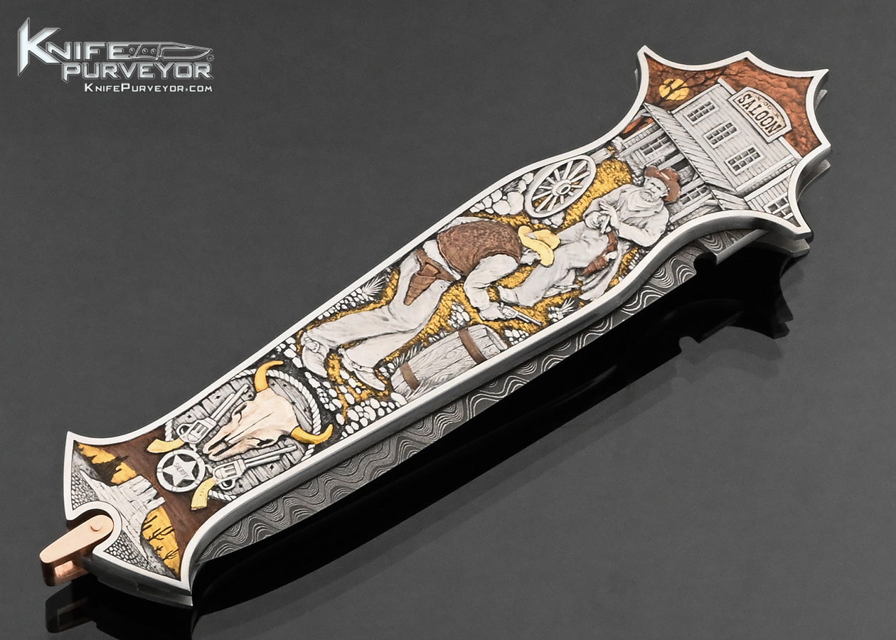 Warren Osborne Custom Knife Mike Norris Damascus Sculpted 24Kt Gold 18Kt Green Gold Silver Copper Automatic Lockback Engraved by Aleksey Saburov
