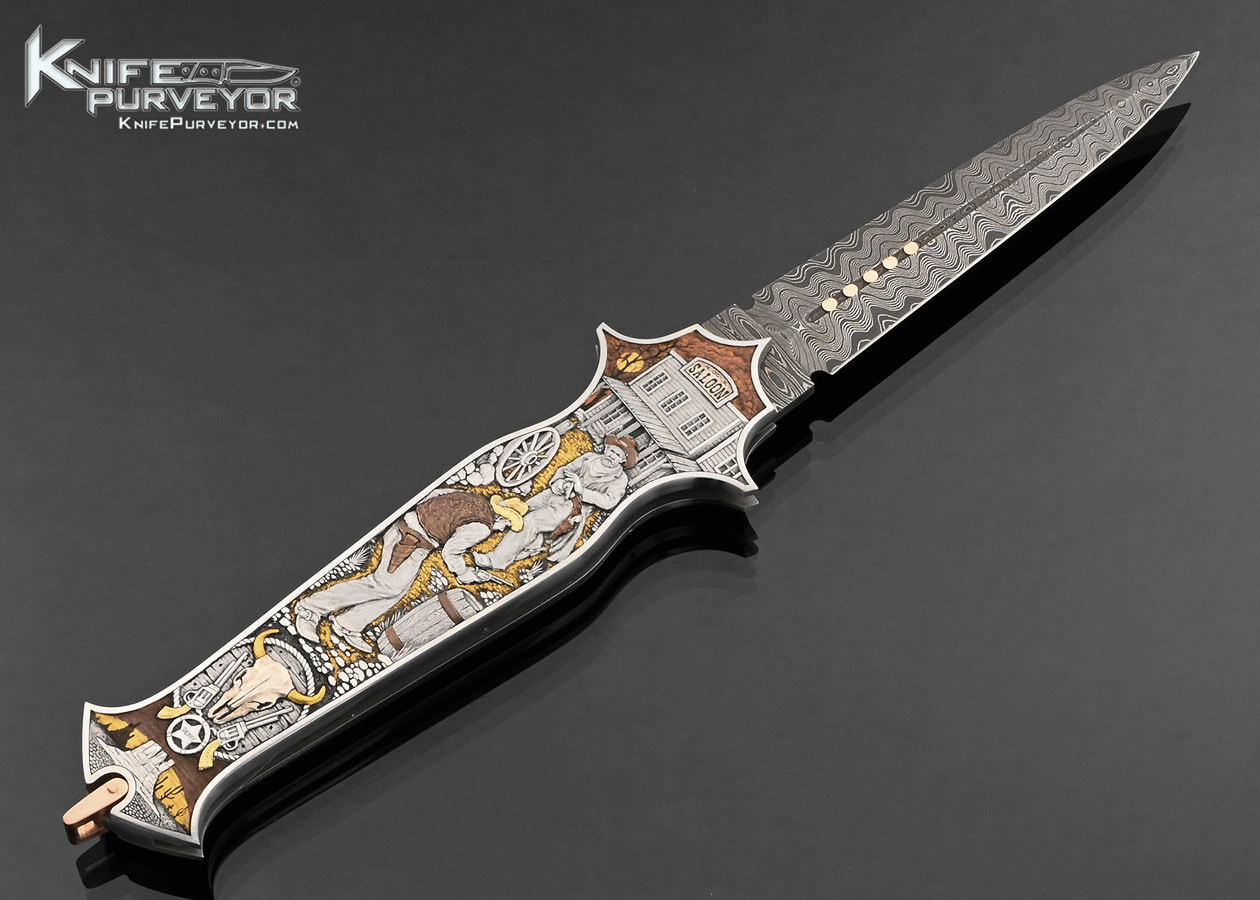 Warren Osborne Custom Knife Mike Norris Damascus Sculpted 24Kt Gold 18Kt Green Gold Silver Copper Automatic Lockback Engraved by Aleksey Saburov