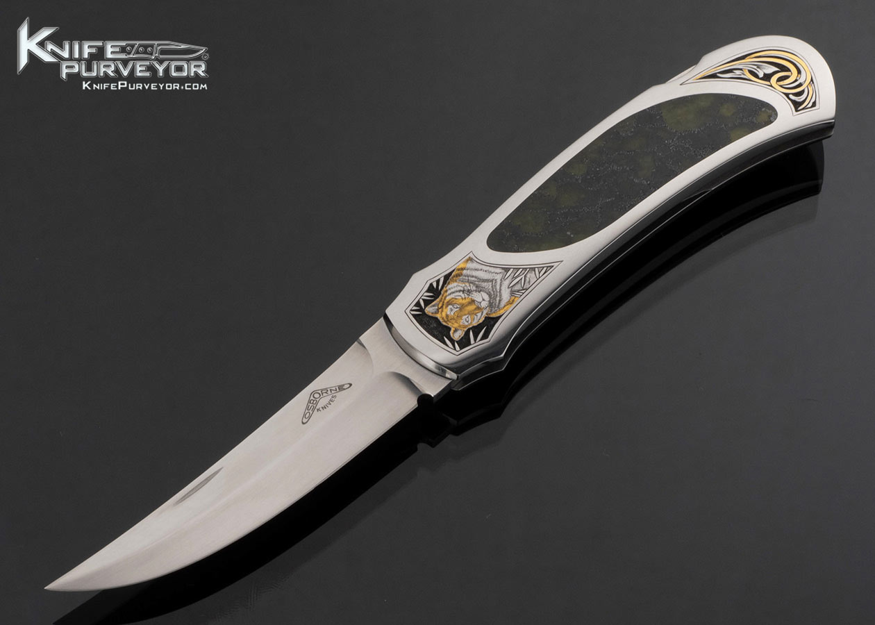 Warren Osborne Custom Knife Tigers Engraved with Gold Inlays by Tim and Christy George and Serpentine Stone Interframe #007