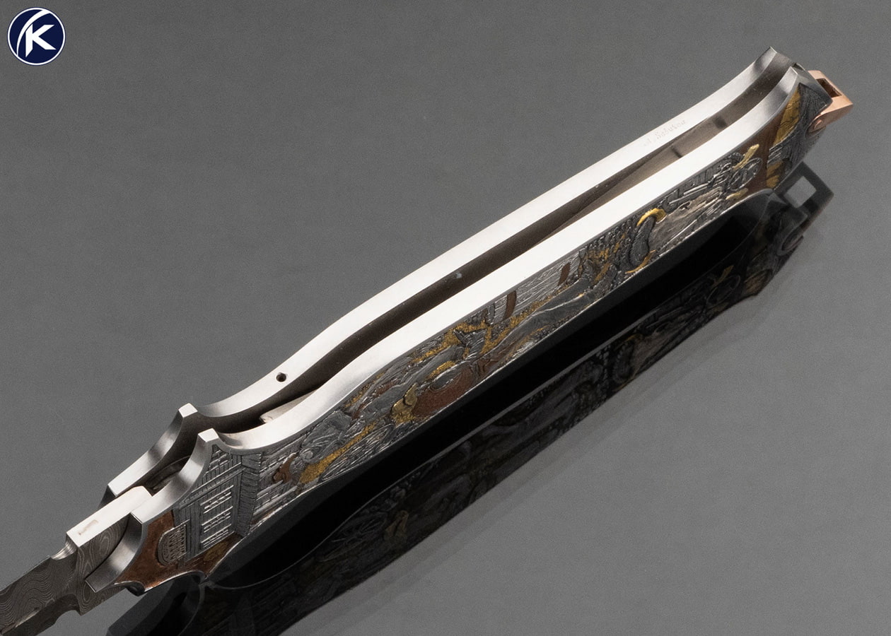 Warren Osborne Custom Knife Mike Norris Damascus Sculpted 24Kt Gold 18Kt Green Gold Silver Copper Automatic Lockback Engraved by Aleksey Saburov