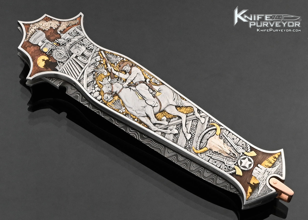 Warren Osborne Custom Knife Mike Norris Damascus Sculpted 24Kt Gold 18Kt Green Gold Silver Copper Automatic Lockback Engraved by Aleksey Saburov
