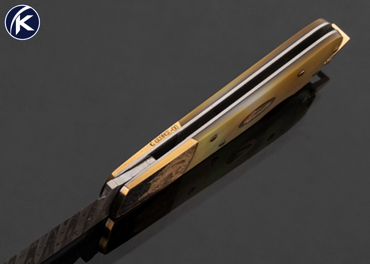 Warren Osborne Custom Knife Damascus and Gold Lip Pearl with 18Kt Gold Bolsters Engraved by Christy George with Gold Escutcheon and Bail - Image 5