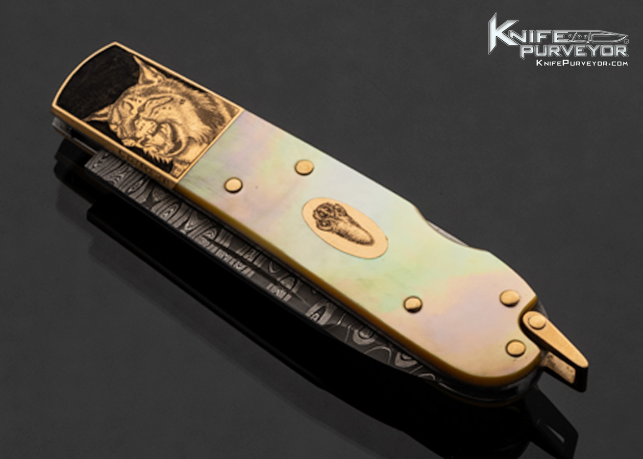 Warren Osborne Custom Knife Damascus and Gold Lip Pearl with 18Kt Gold Bolsters Engraved by Christy George with Gold Escutcheon and Bail - Image 2